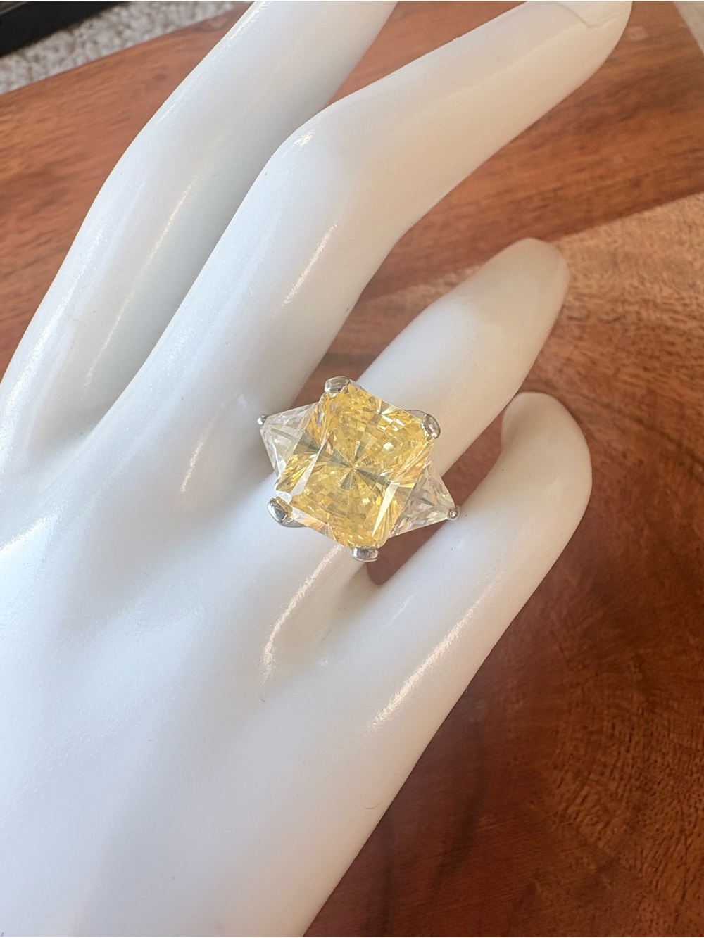 RS Covenant Three-Stone Sterling Silver Ring with Yellow Center Stone -Size 6.75